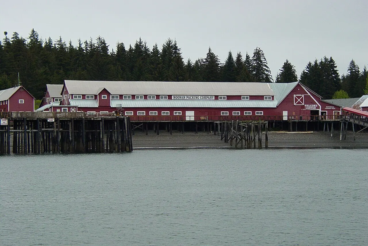 The red buildings of the restored Hoonah Packing Company cannery at Icy Strait Point
