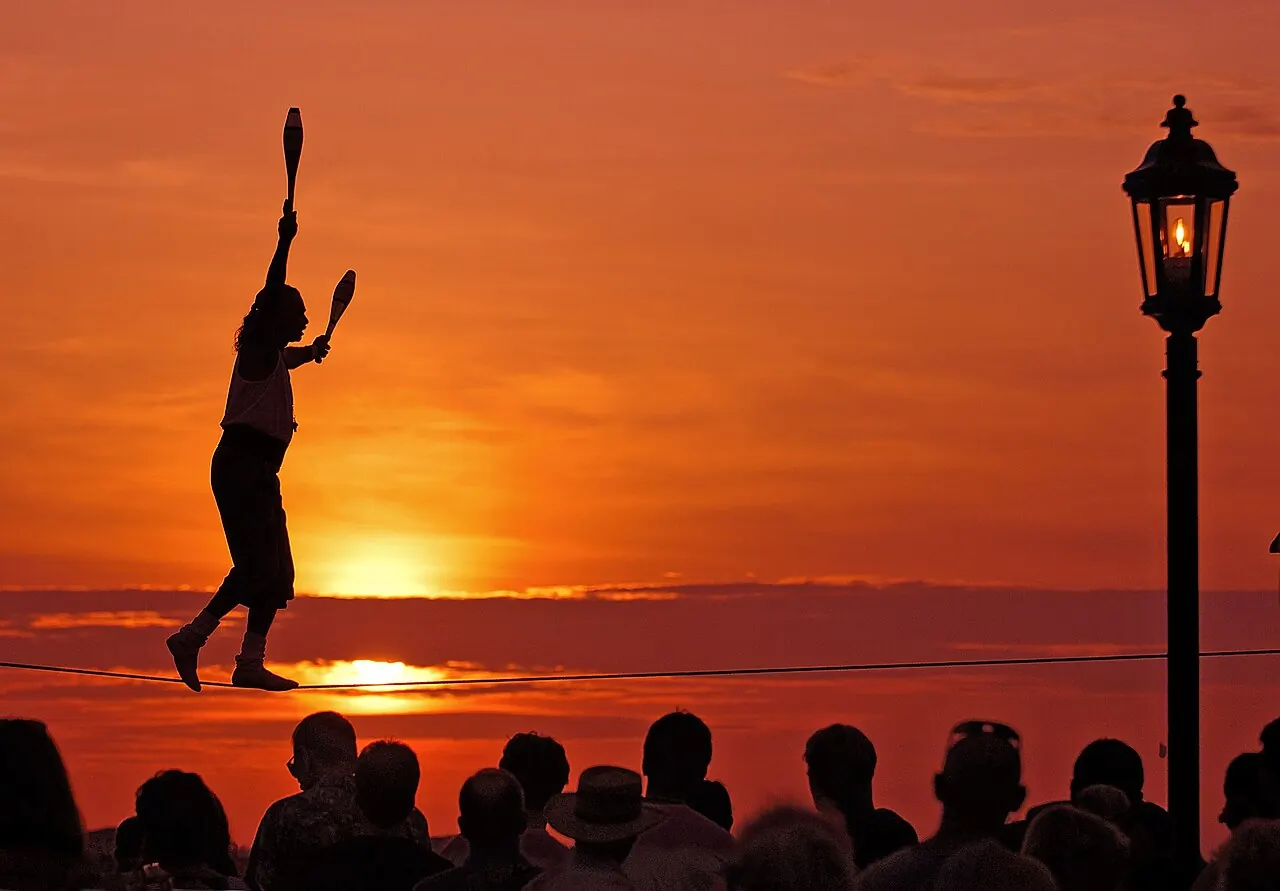 A tightrope walker at the Mallory Square sunset celebration in Key West