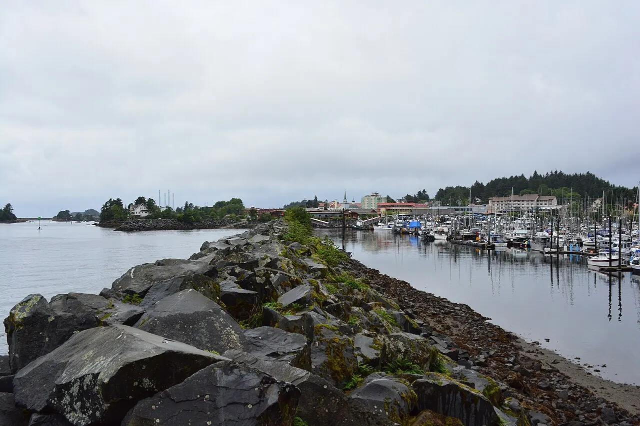 The breakwater at Crescent Harbor and the Sitka skyline